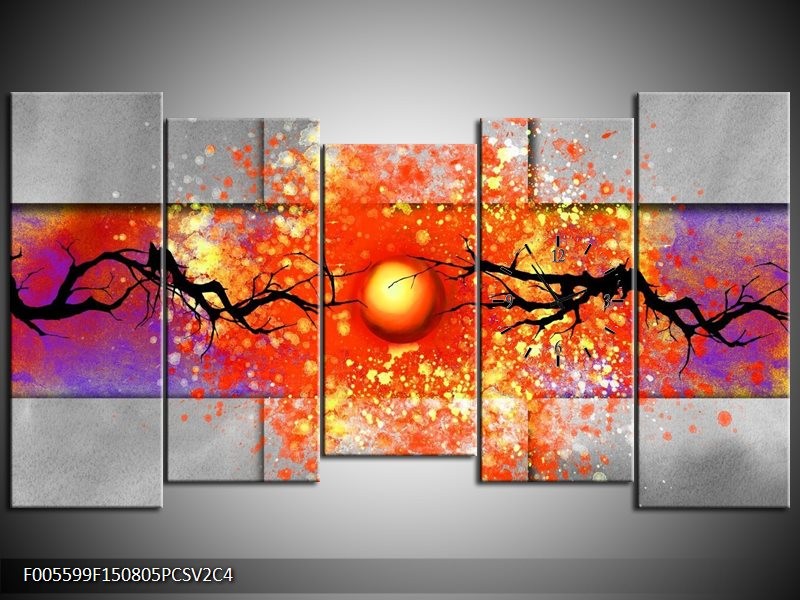 Klok schilderij Boom | Grijs, Rood, Oranje | 150x80cm 5Luik