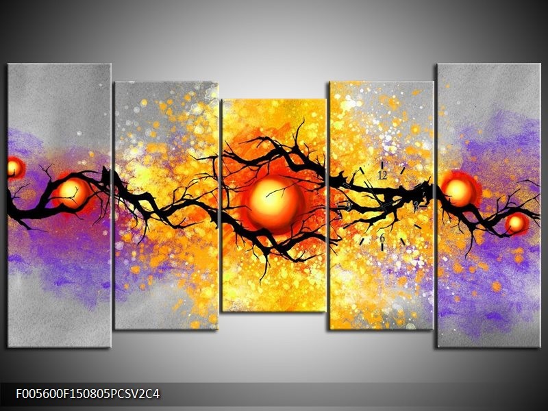 Klok schilderij Boom | Grijs, Paars, Oranje | 150x80cm 5Luik