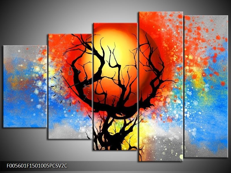 Klok schilderij Boom | Blauw, Zwart, Rood | 150x100cm 5Luik