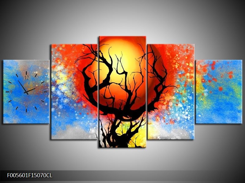 Klok schilderij Boom | Blauw, Zwart, Rood | 150x70cm 5Luik
