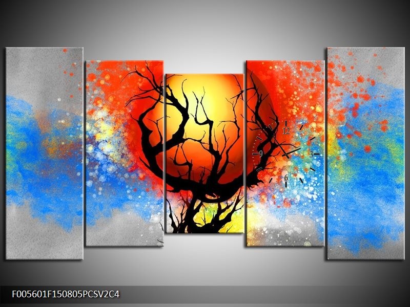 Klok schilderij Boom | Blauw, Zwart, Rood | 150x80cm 5Luik
