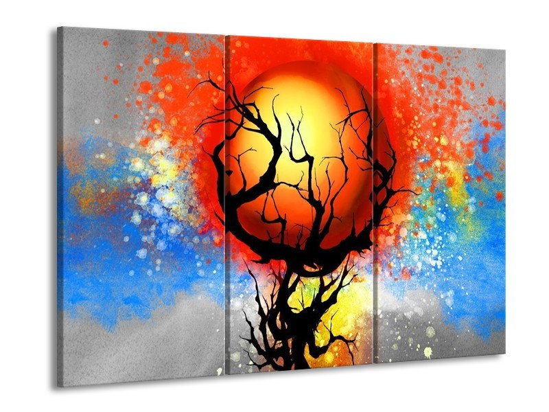 Canvas schilderij Boom | Blauw, Zwart, Rood | 90x60cm 3Luik