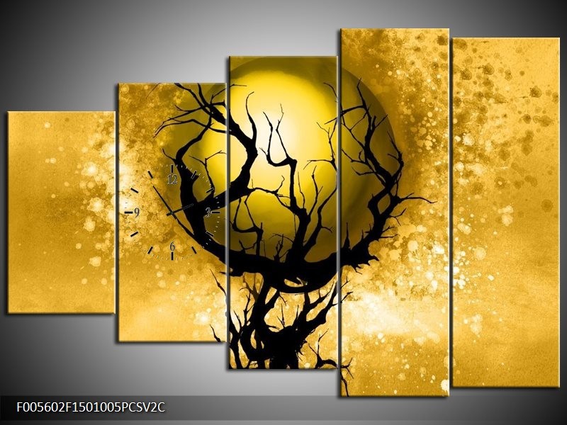 Klok schilderij Boom | Zwart, Goud, Wit | 150x100cm 5Luik