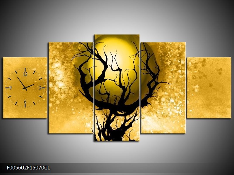 Klok schilderij Boom | Zwart, Goud, Wit | 150x70cm 5Luik