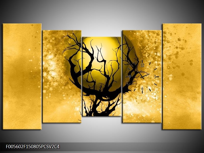 Klok schilderij Boom | Zwart, Goud, Wit | 150x80cm 5Luik
