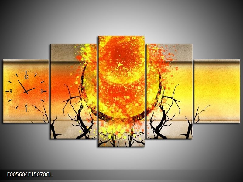 Klok schilderij Art | Grijs, Oranje, Geel | 150x70cm 5Luik