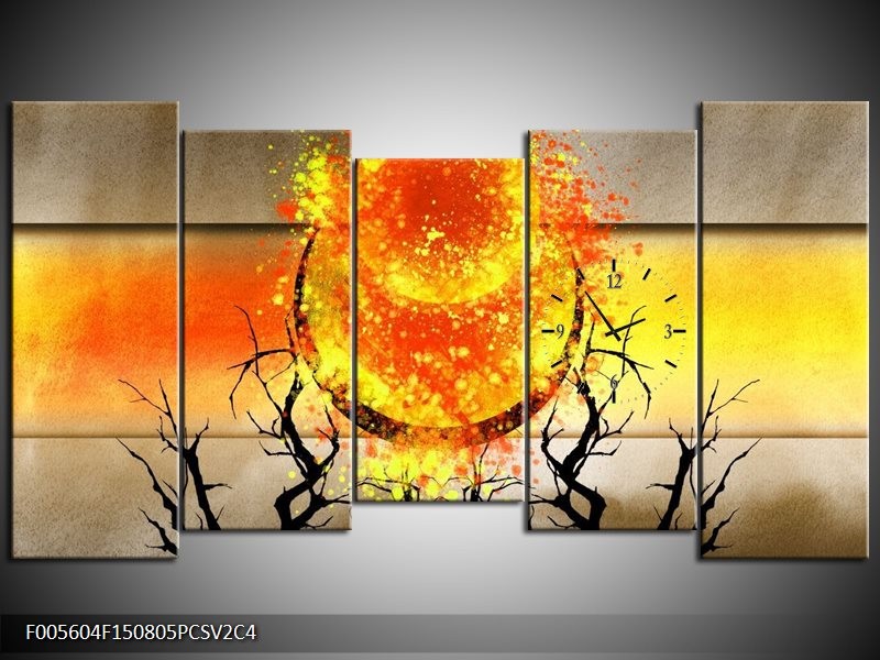Klok schilderij Art | Grijs, Oranje, Geel | 150x80cm 5Luik