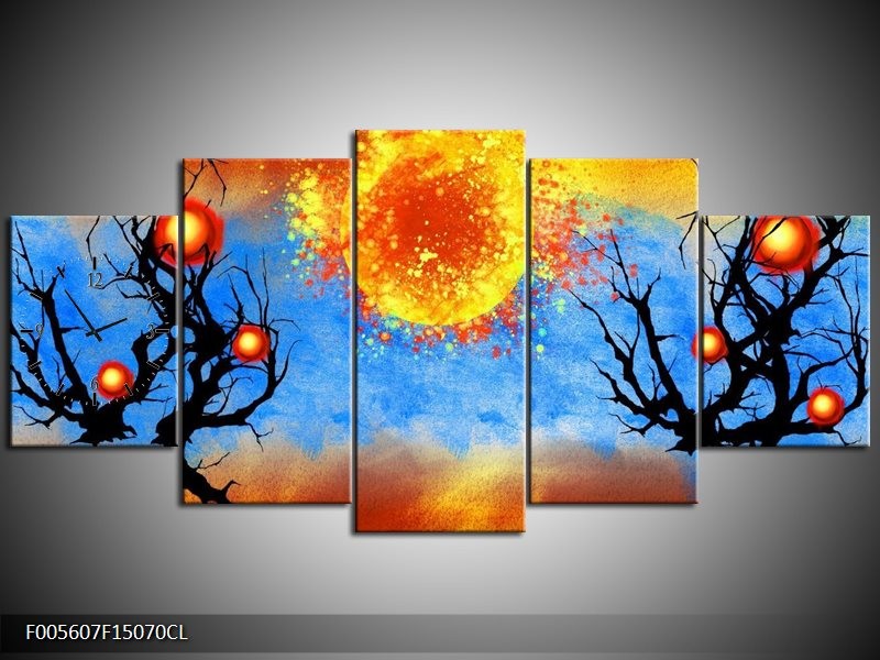Klok schilderij Art | Blauw, Oranje, Zwart | 150x70cm 5Luik
