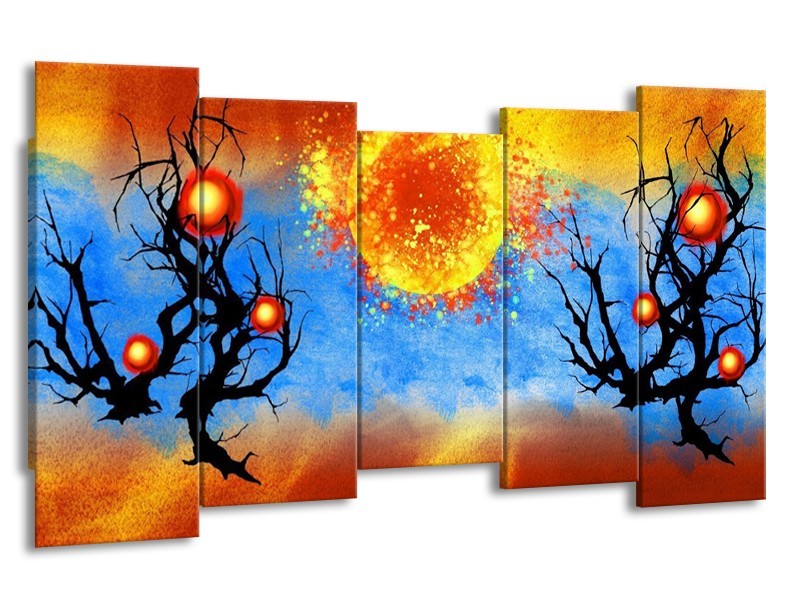 Glas schilderij Art | Blauw, Oranje, Zwart | 150x80cm 5Luik