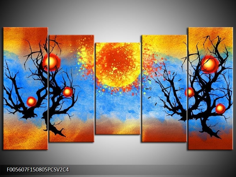 Klok schilderij Art | Blauw, Oranje, Zwart | 150x80cm 5Luik