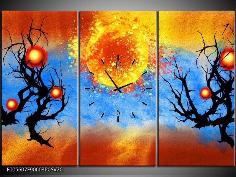 Klok schilderij Art | Blauw, Oranje, Zwart | 90x60cm 3Luik