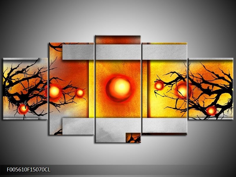 Klok schilderij Art | Grijs, Zwart, Oranje | 150x70cm 5Luik