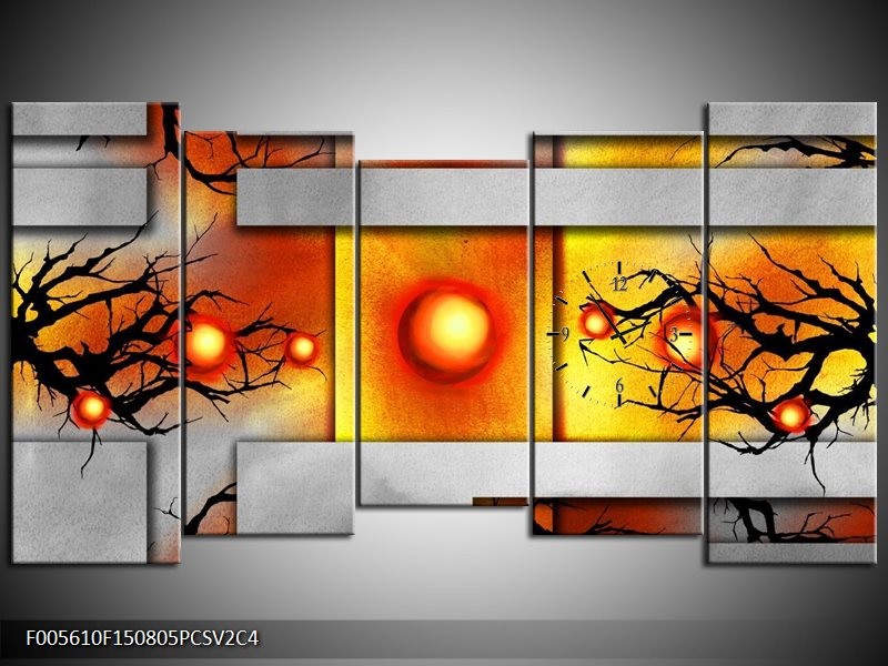 Klok schilderij Art | Grijs, Zwart, Oranje | 150x80cm 5Luik