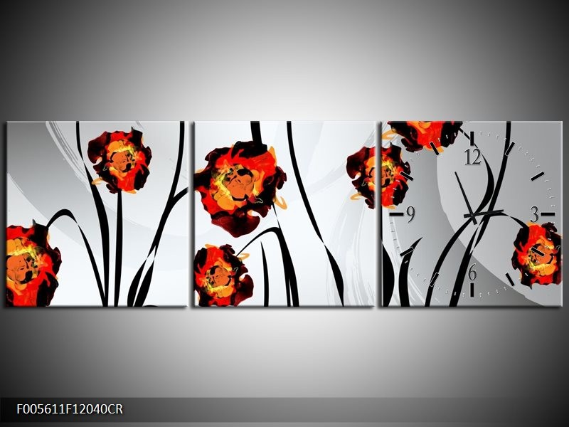 Klok schilderij Tulp | Grijs, Oranje, Zwart | 120x40cm 3Luik