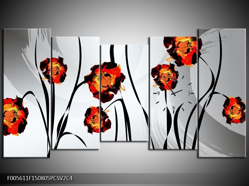 Klok schilderij Tulp | Grijs, Oranje, Zwart | 150x80cm 5Luik