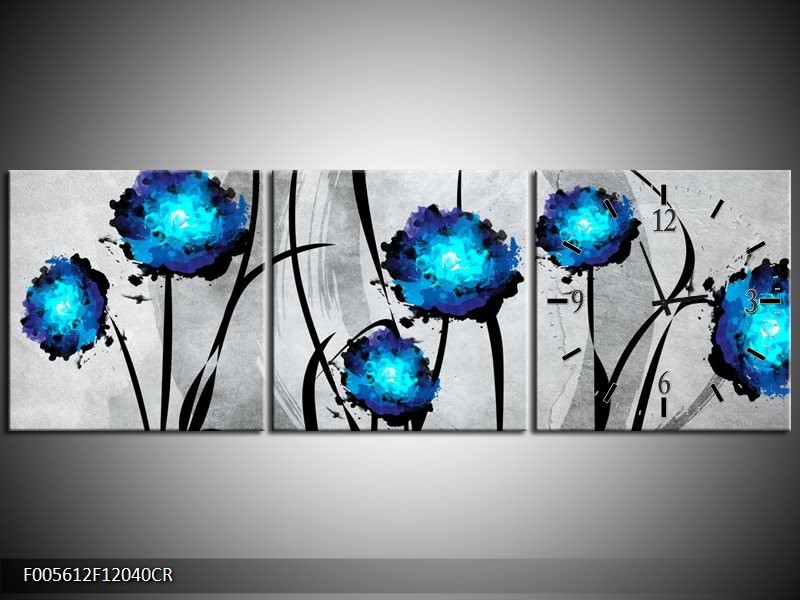 Klok schilderij Tulp | Grijs, Blauw, Zwart | 120x40cm 3Luik