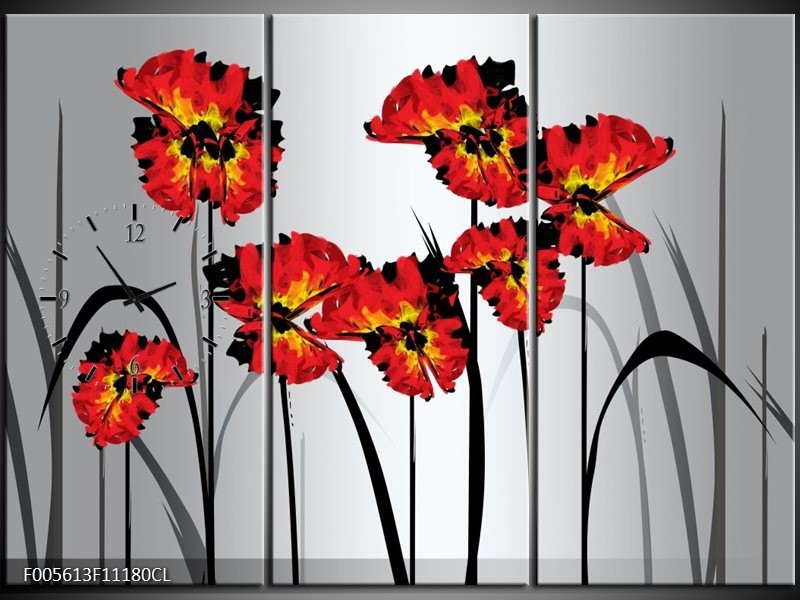 Klok schilderij Tulp | Oranje, Zwart, Grijs | 111x80cm 3Luik