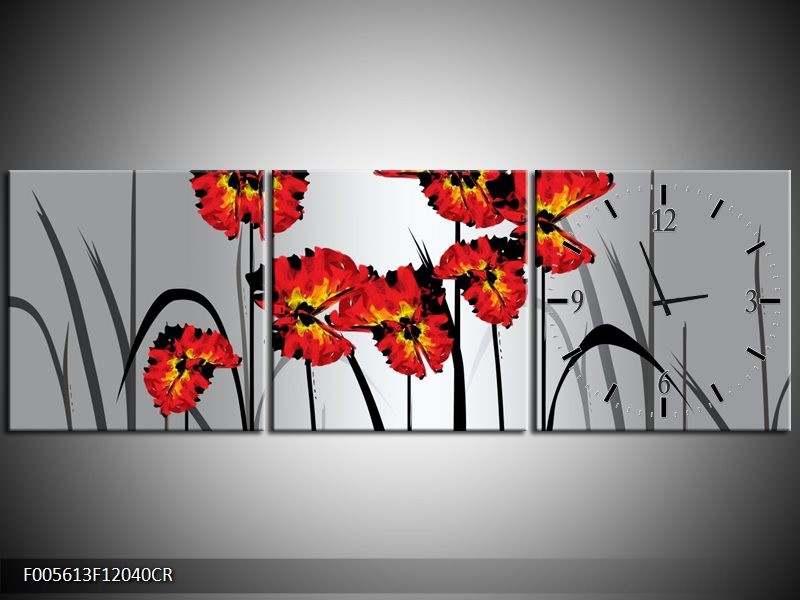 Klok schilderij Tulp | Oranje, Zwart, Grijs | 120x40cm 3Luik