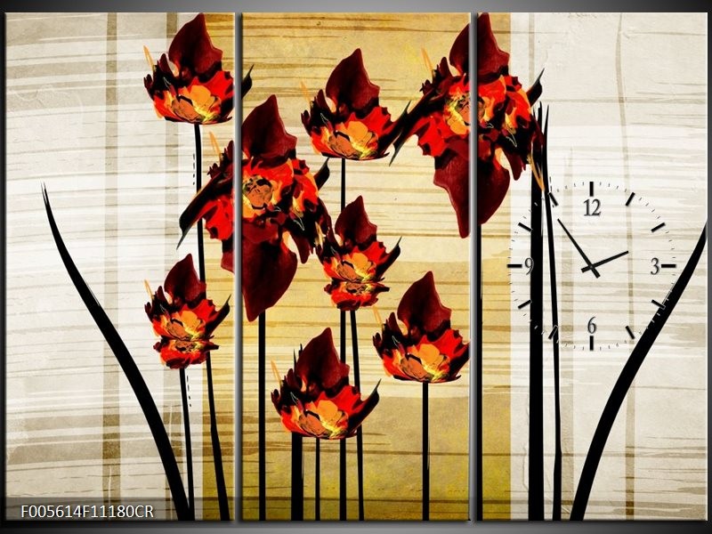 Klok schilderij Tulp | Oranje, Zwart, Bruin | 111x80cm 3Luik