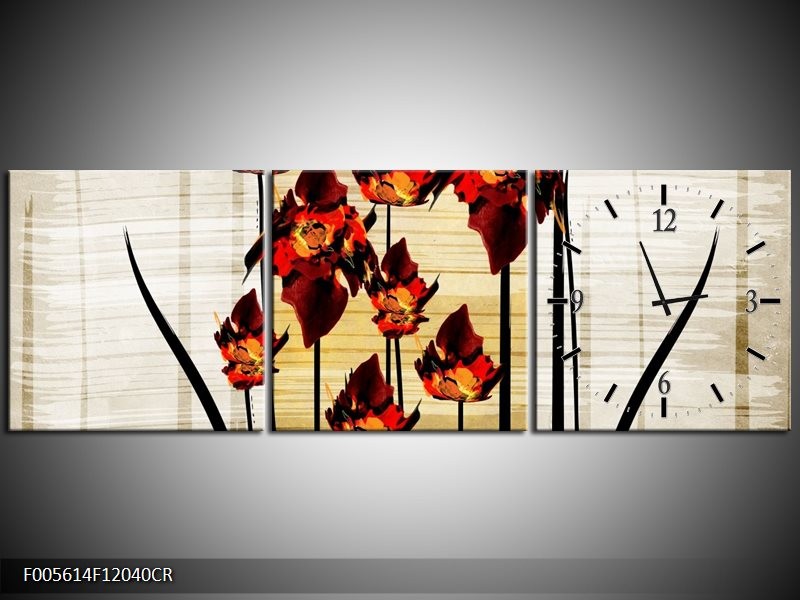 Klok schilderij Tulp | Oranje, Zwart, Bruin | 120x40cm 3Luik