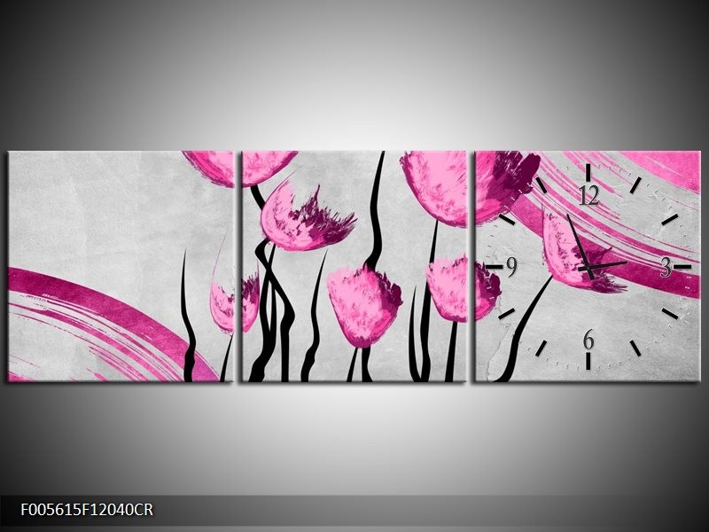 Klok schilderij Tulp | Grijs, Roze, Zwart | 120x40cm 3Luik