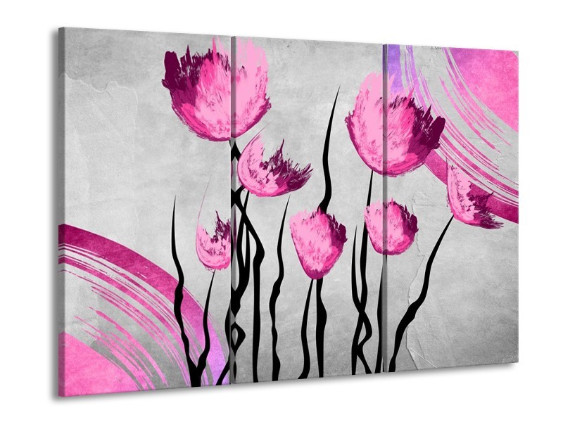 Canvas schilderij Tulp | Grijs, Roze, Zwart | 90x60cm 3Luik