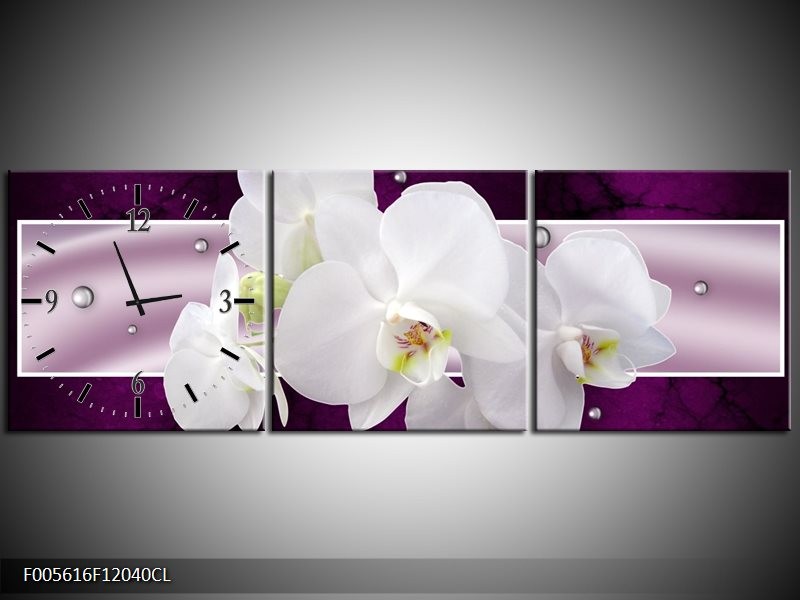 Klok schilderij Orchidee | Zwart, Wit, Paars | 120x40cm 3Luik