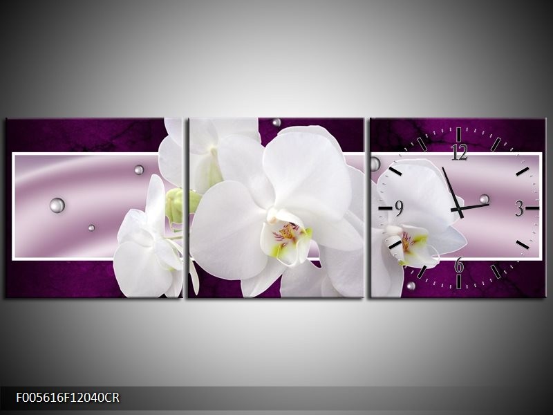 Klok schilderij Orchidee | Zwart, Wit, Paars | 120x40cm 3Luik