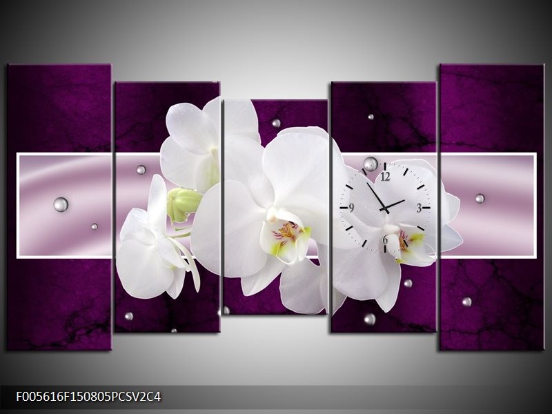 Klok schilderij Orchidee | Zwart, Wit, Paars | 150x80cm 5Luik