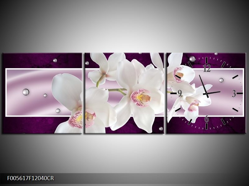 Klok schilderij Orchidee | Wit, Paars | 120x40cm 3Luik
