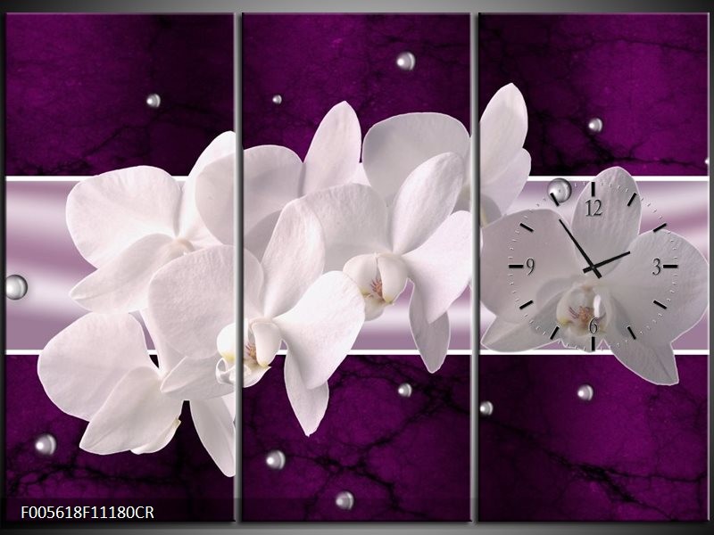 Klok schilderij Orchidee | Wit, Paars | 111x80cm 3Luik