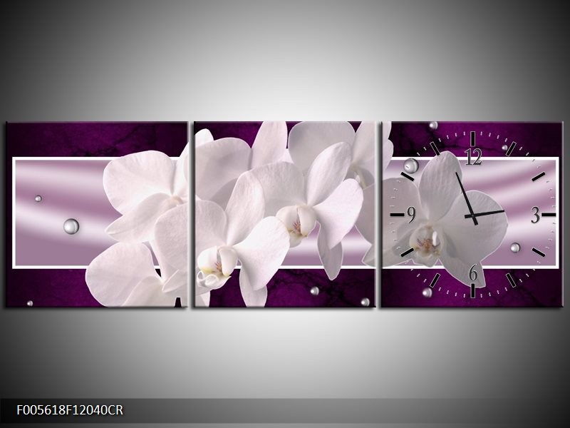 Klok schilderij Orchidee | Wit, Paars | 120x40cm 3Luik