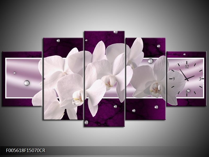 Klok schilderij Orchidee | Wit, Paars | 150x70cm 5Luik