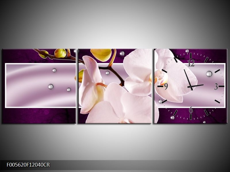 Klok schilderij Orchidee | Paars, Wit, Grijs | 120x40cm 3Luik