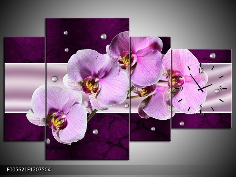 Klok schilderij Orchidee | Paars, Wit | 120x75cm 4Luik