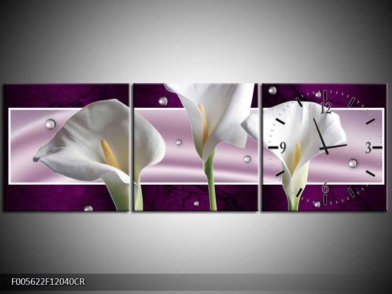 Klok schilderij Bloem | Wit, Paars | 120x40cm 3Luik