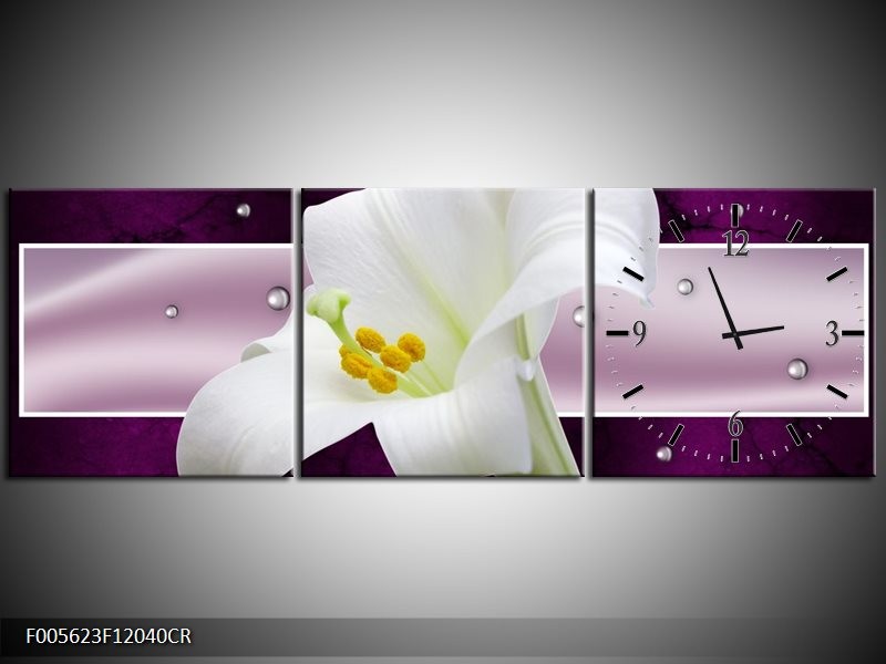 Klok schilderij Bloem | Paars, Wit, Grijs | 120x40cm 3Luik