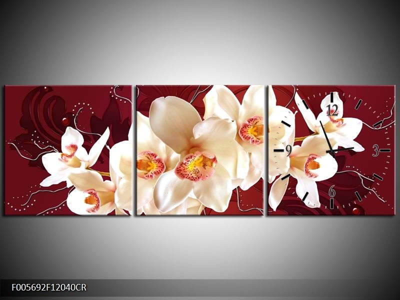 Klok schilderij Orchidee | Rood, Wit, Crème | 120x40cm 3Luik