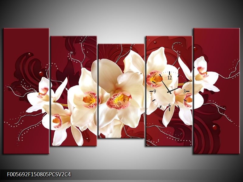 Klok schilderij Orchidee | Rood, Wit, Crème | 150x80cm 5Luik