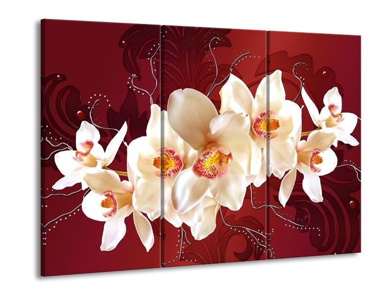 Canvas schilderij Orchidee | Rood, Wit, Crème | 90x60cm 3Luik