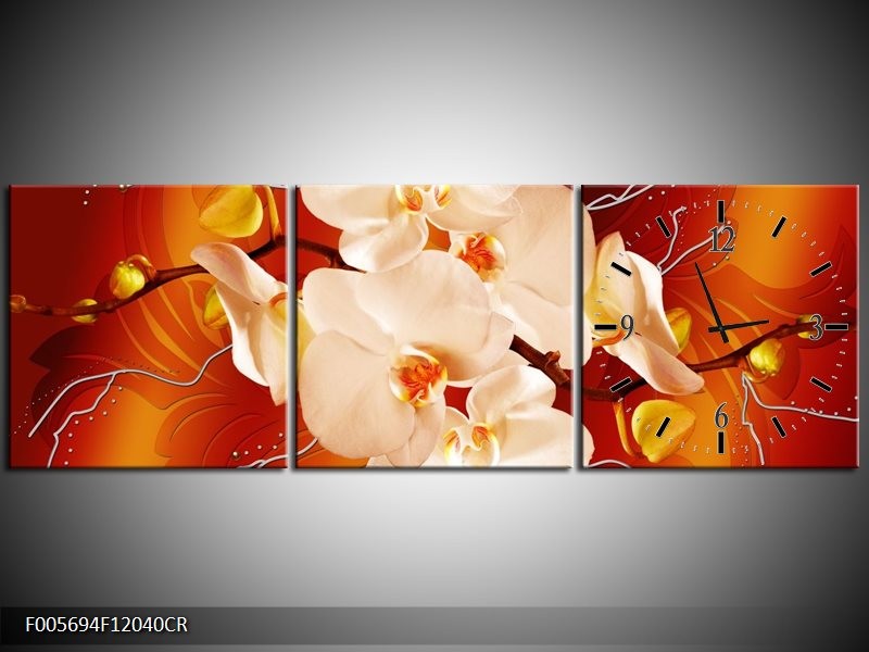 Klok schilderij Orchidee | Rood, Oranje, Crème | 120x40cm 3Luik