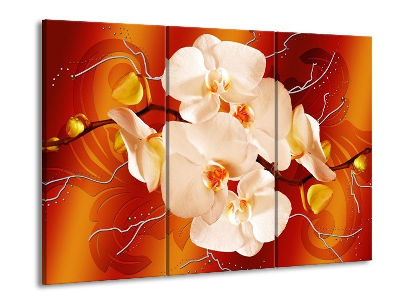 Canvas schilderij Orchidee | Rood, Oranje, Crème | 90x60cm 3Luik