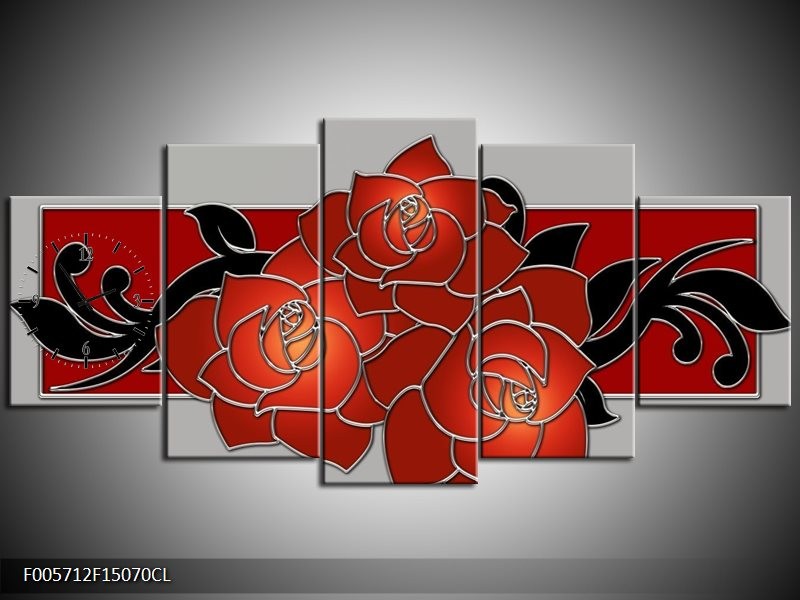 Klok schilderij Roos | Rood, Grijs, Zwart | 150x70cm 5Luik