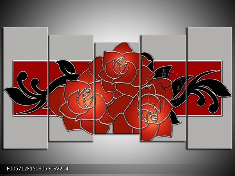 Klok schilderij Roos | Rood, Grijs, Zwart | 150x80cm 5Luik