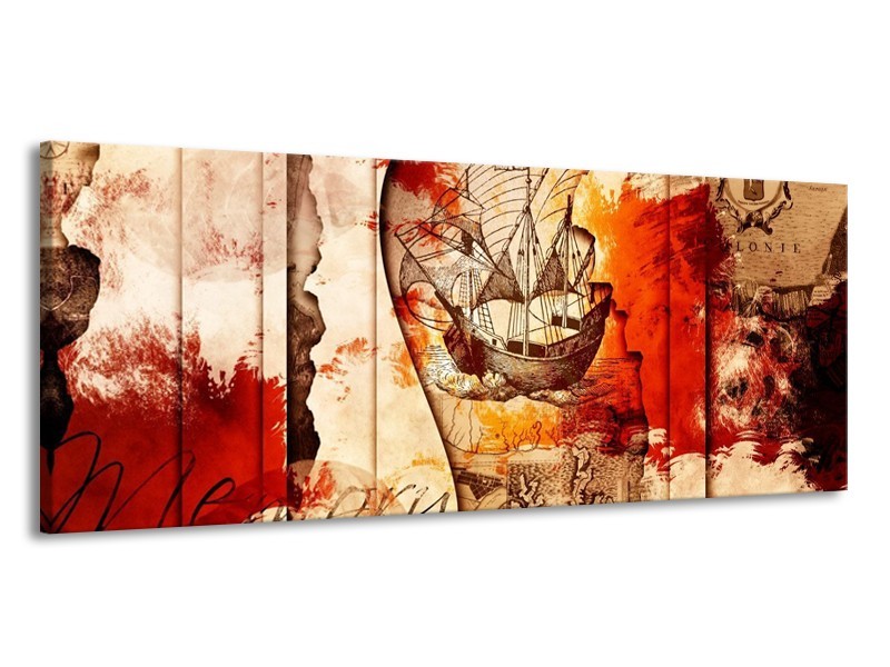 Glas schilderij Boot | Rood, Crème, Bruin | 145x58cm 1Luik