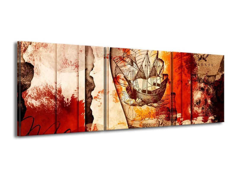 Glas schilderij Boot | Rood, Crème, Bruin | 150x50cm 3Luik
