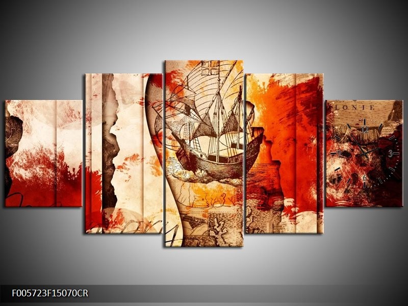 Klok schilderij Boot | Rood, Crème, Bruin | 150x70cm 5Luik