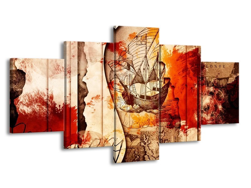 Glas schilderij Boot | Rood, Crème, Bruin | 150x80cm 5Luik