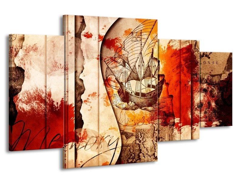 Glas schilderij Boot | Rood, Crème, Bruin | 160x90cm 4Luik