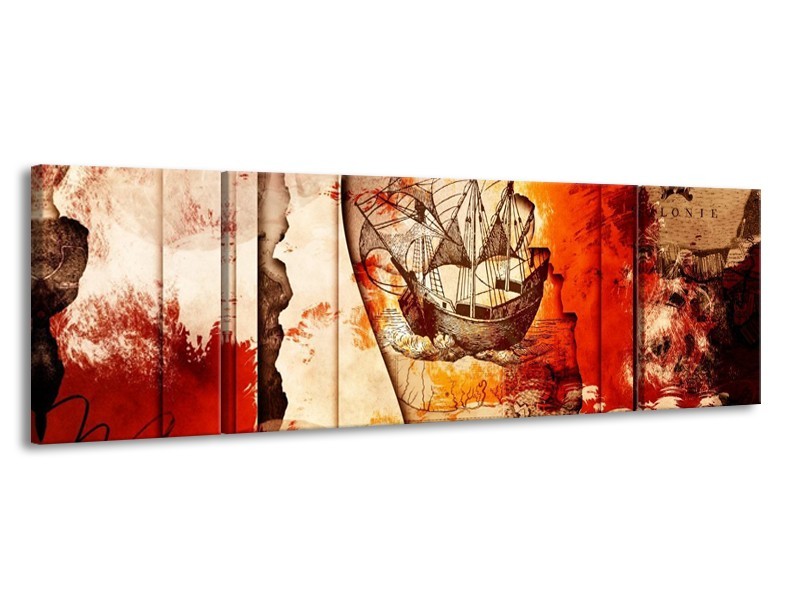 Glas schilderij Boot | Rood, Crème, Bruin | 170x50cm 3Luik